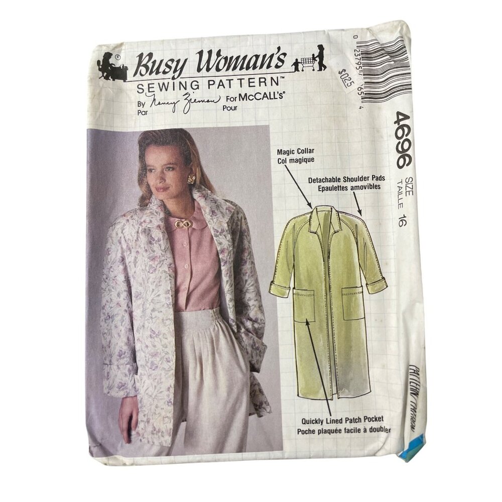 McCalls 4696 Sewing Pattern Size 16 Unlined Coat Or Jacket Vintage 1990 UNCUT